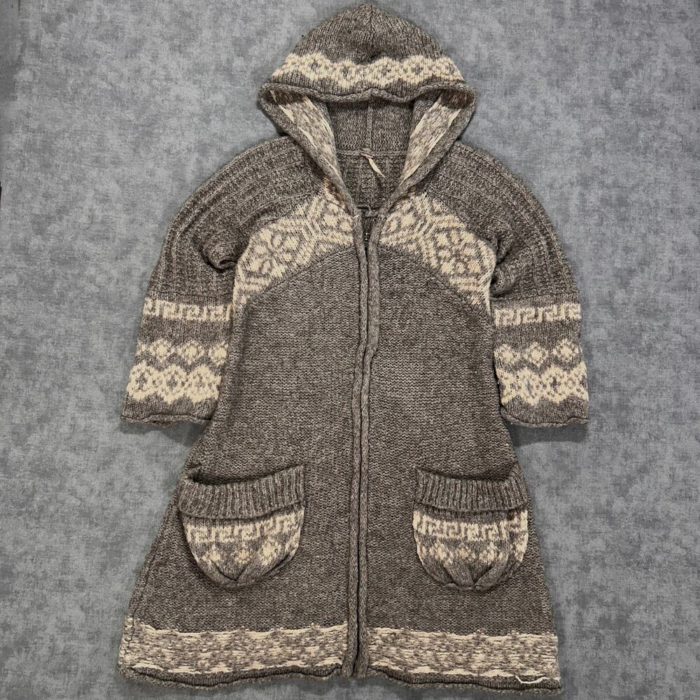 Free People Longline Full zip nordic fair isle hooded sweater wool blend wms M